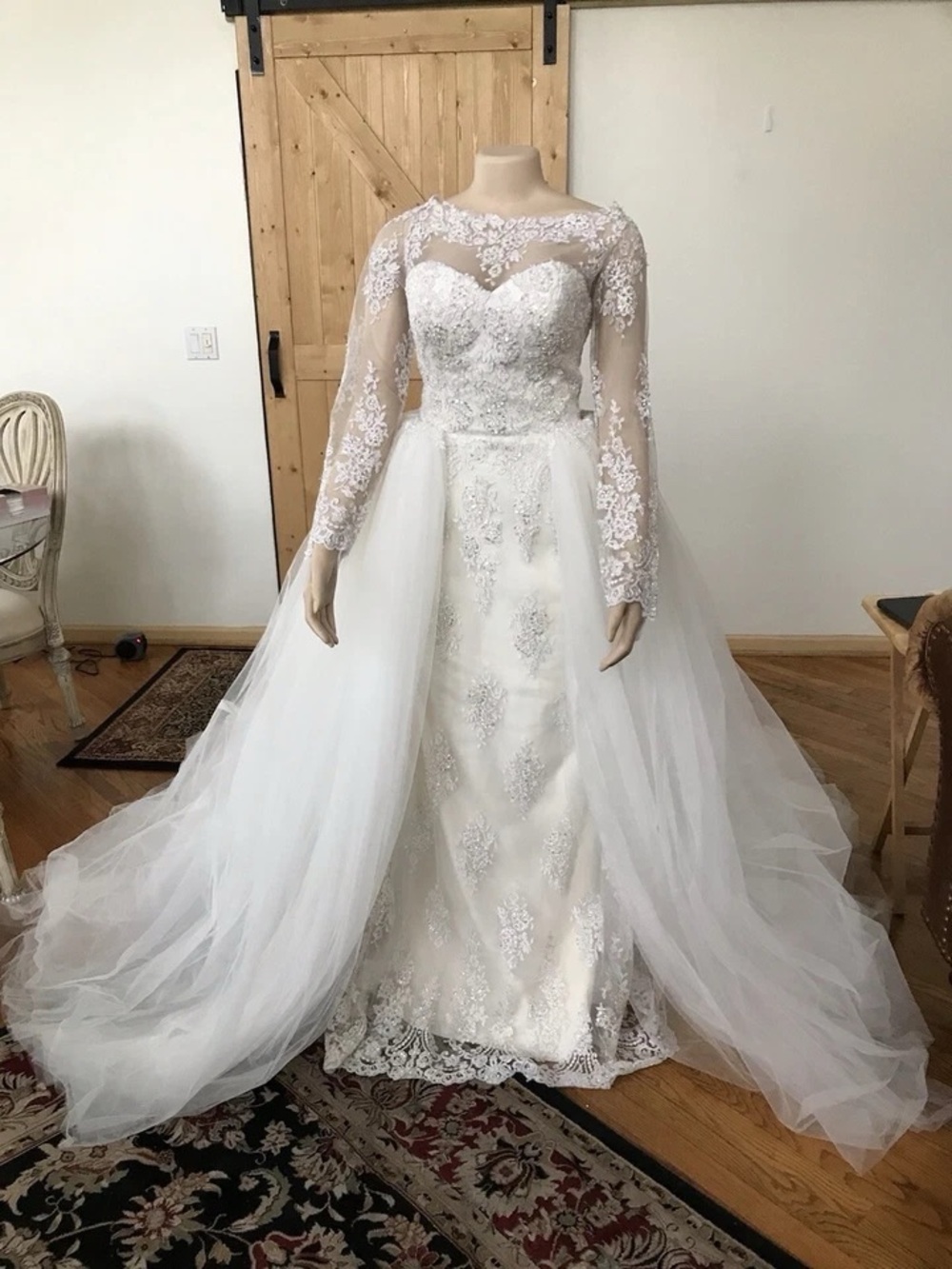 Size 12 Ivory Lace Long-Sleeve Corset-Back Wedding Gown
